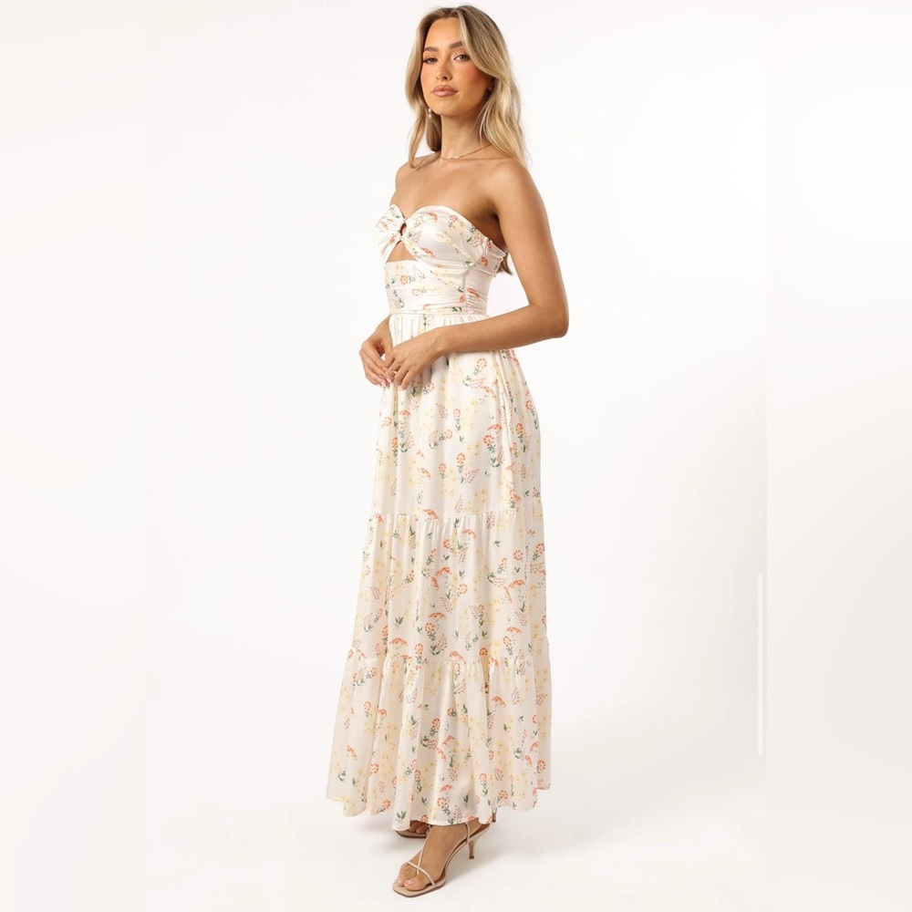 Petal & Pup SARAI Strapless Dress White Satin Yellow Floral size L